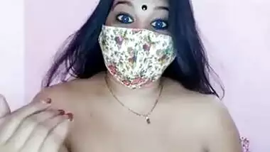 Sweet Desi fatty with a mask reveals her XXX tits and sexy body
